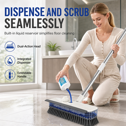 🧹✨ 4-in-1 Liquid Dispensing Floor Brush – 50% OFF! Scrub, scrape, squeegee & tweezers, long handle, stiff bristles – deep clean any floor. 💪