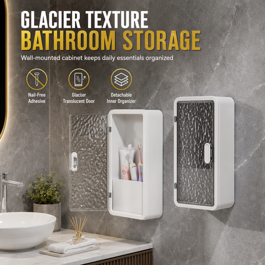 🔥56% OFF ✨🛁 Wall-Mounted Bathroom Organizer: No-Drill, Glacier Texture, Drainage Slots, Makeup Storage