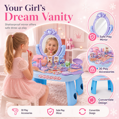 Kids Pretend Play Makeup Vanity Table Toy Set with Princess Accessories for Girls and Boys